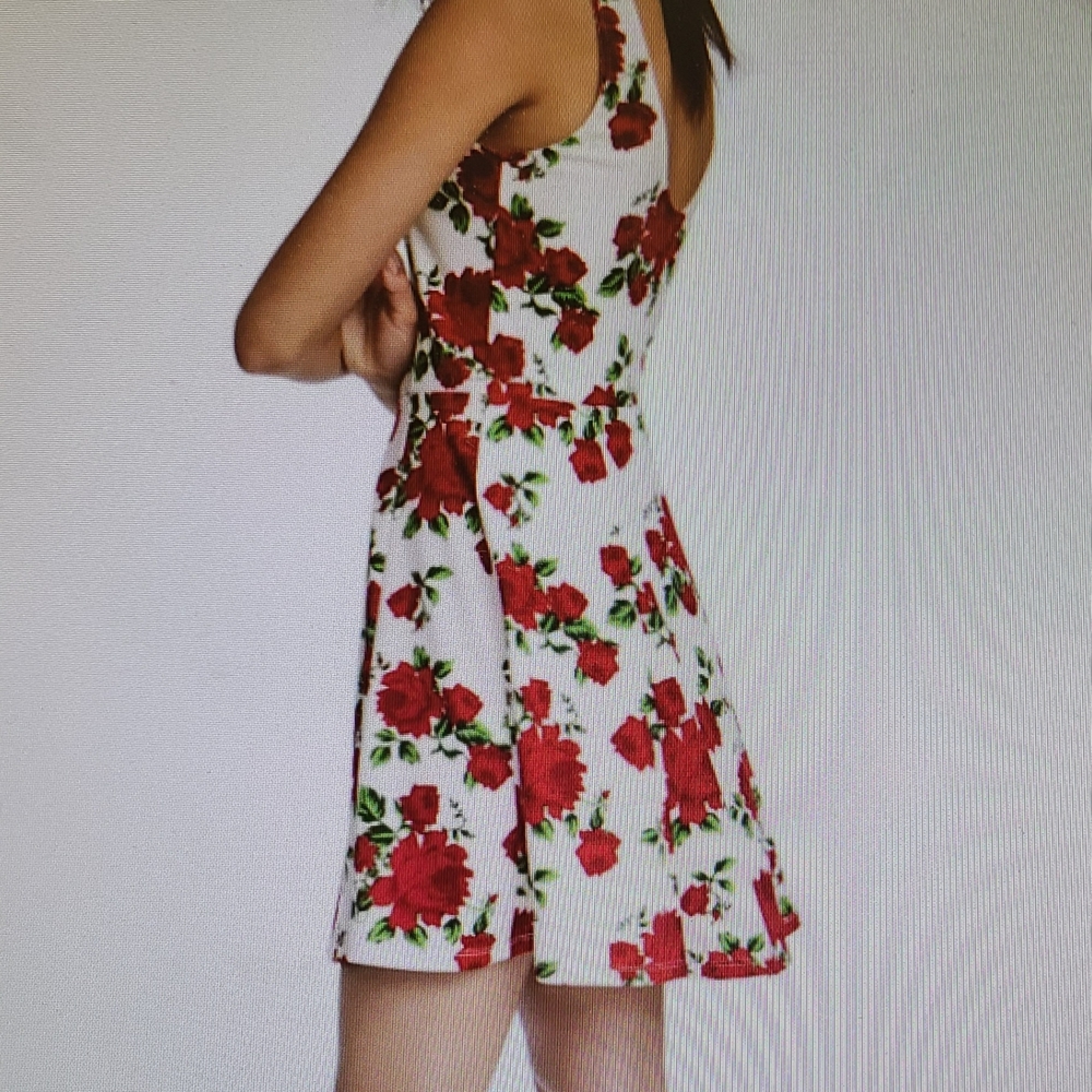 Divided White Mini Dress with Red Rose Print